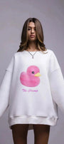 Kadın Beyaz Bisiklet Yaka Sweatshirt – Pembe Ördek Baskılı 3 İplik Şardonlu Oversize