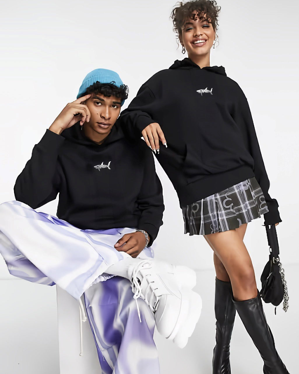 Kapüşonlu İçi Polar Shark Baskılı Siyah Oversize Hoodie Sweatshirt