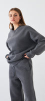 Unisex Oversize Sweatshirt Basic Füme Melanj – Bisiklet Yaka, 3 İplik Şardonlu Polar