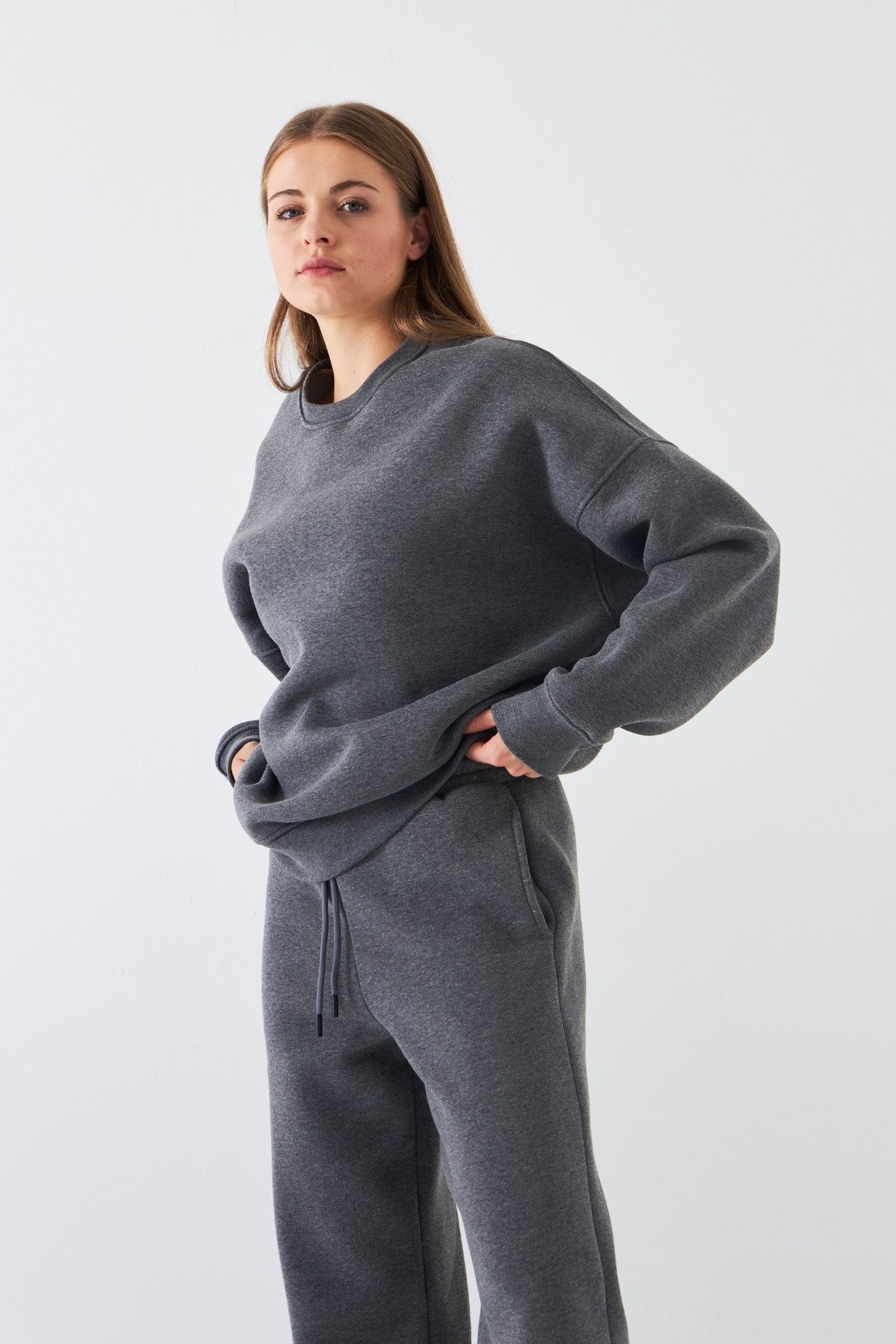 Unisex Oversize Sweatshirt Basic Füme Melanj – Bisiklet Yaka, 3 İplik Şardonlu Polar