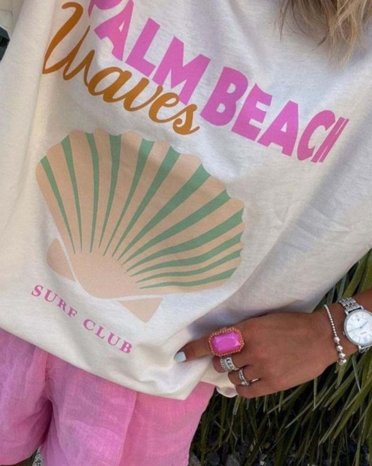 Deniz ve Sahil Temalı Palm Beach Waves Oversize Kadın T-Shirt & Bez Çanta Seti