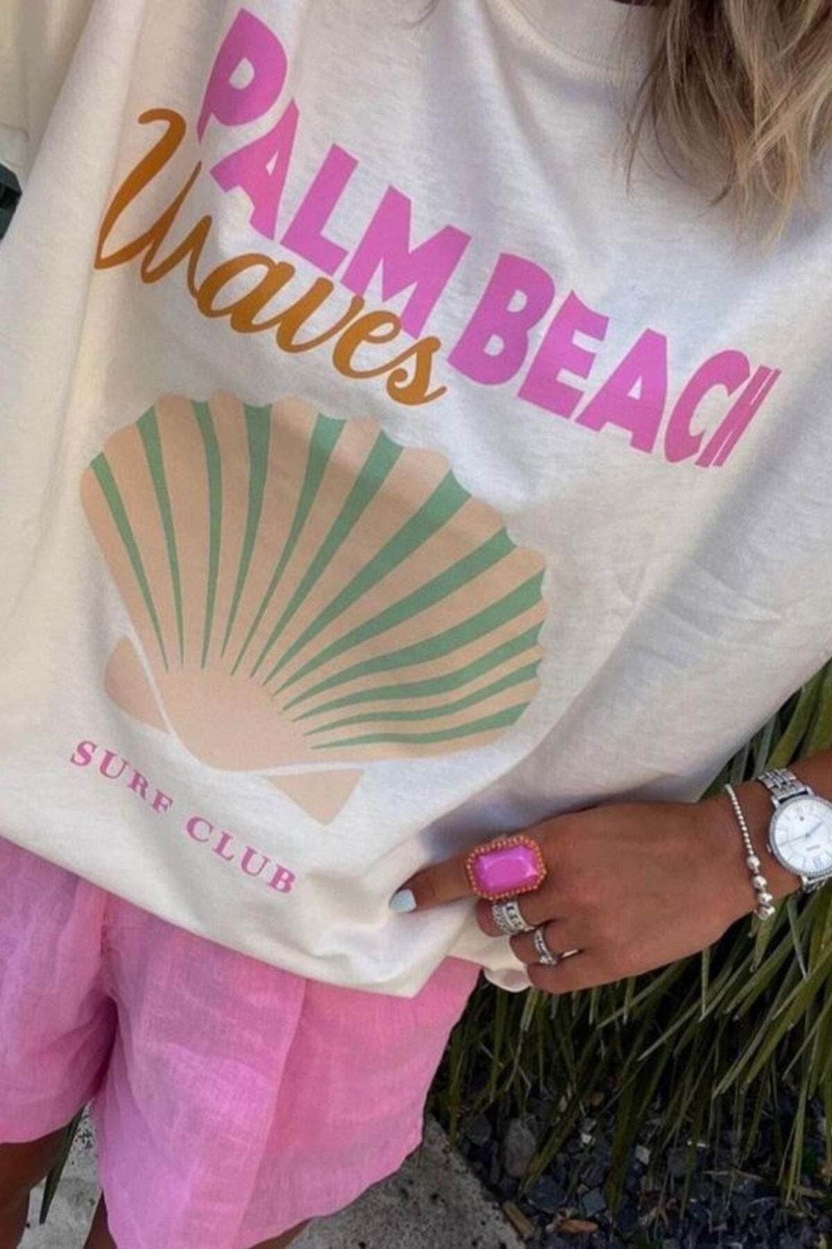 Deniz ve Sahil Temalı Palm Beach Waves Oversize Kadın T-Shirt & Bez Çanta Seti