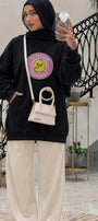 Kadın Oversize Sweatshirt Elbise Dangerous Chick Baskılı Siyah – Uzun Boy, 3 İplik Şardonlu Polar