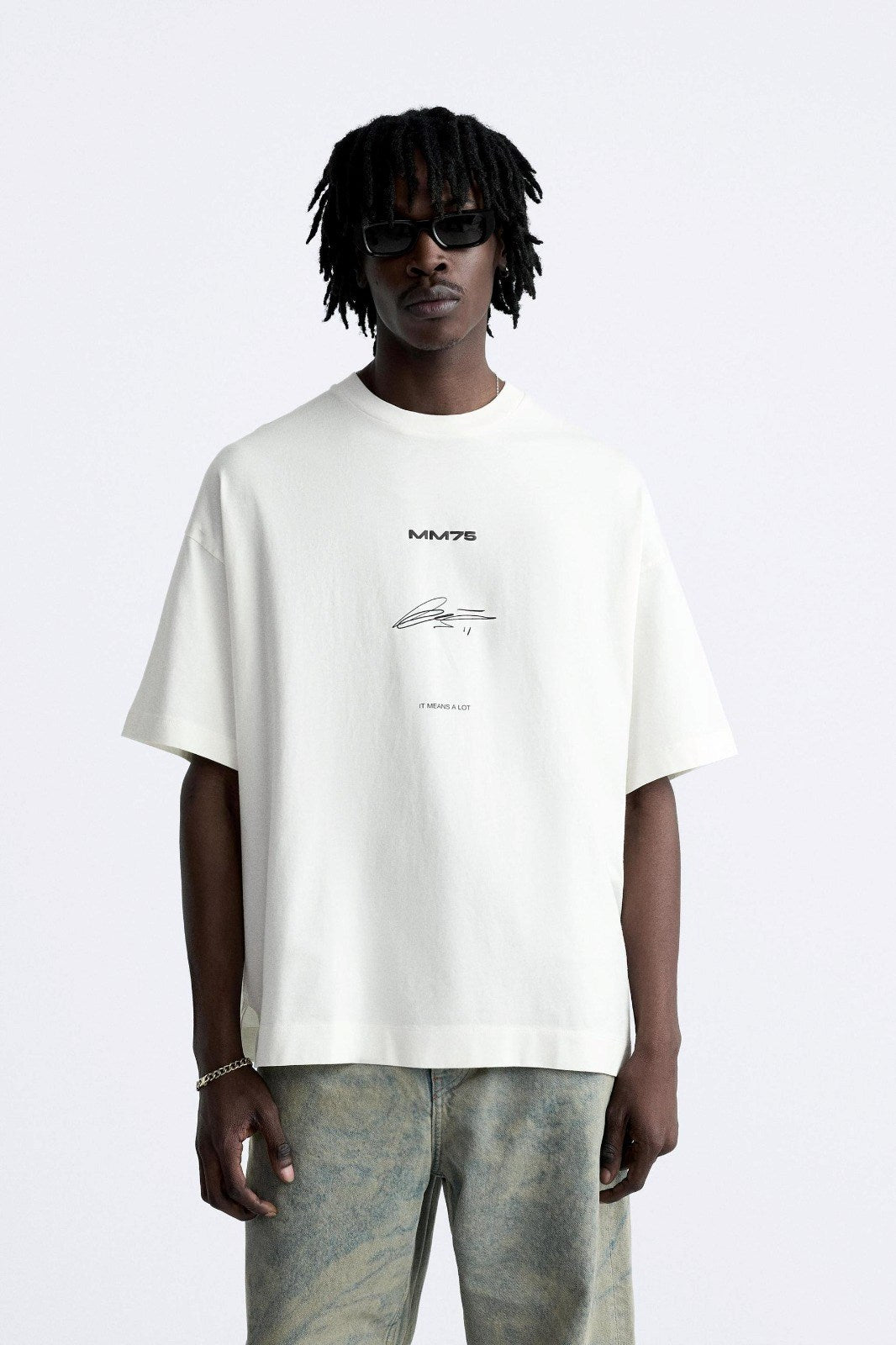İmza Baskılı Oversize Beyaz Erkek T-shirt