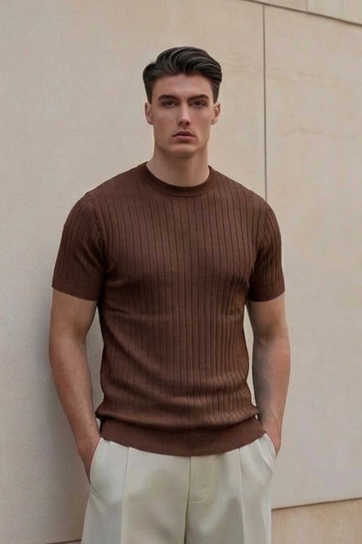 Erkek Dokulu Fitilli Triko Tişört Kahverengi - Bisiklet Yaka, Fit, Yazlık, Örme
