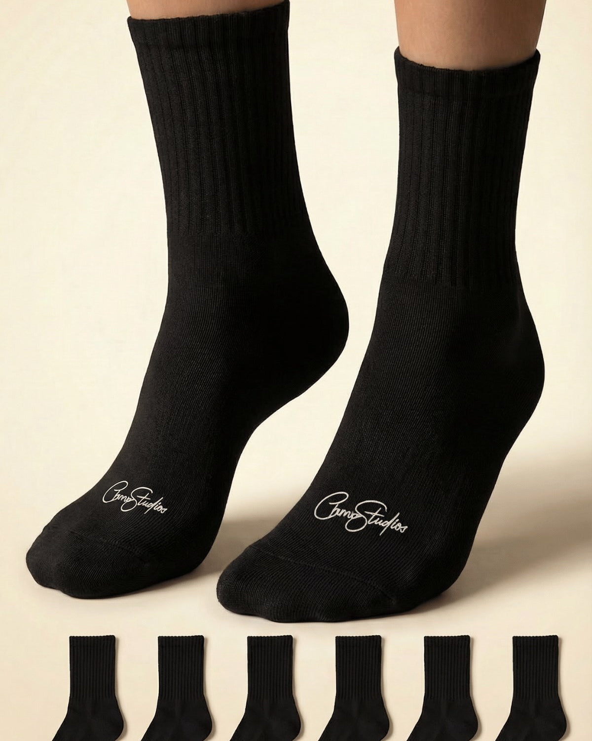 Unisex Düz Siyah Ribanalı Uzun Çorap CHMP STUDIOS Baskılı – Nefes Alan Pamuklu Penye, 6’lı Paket