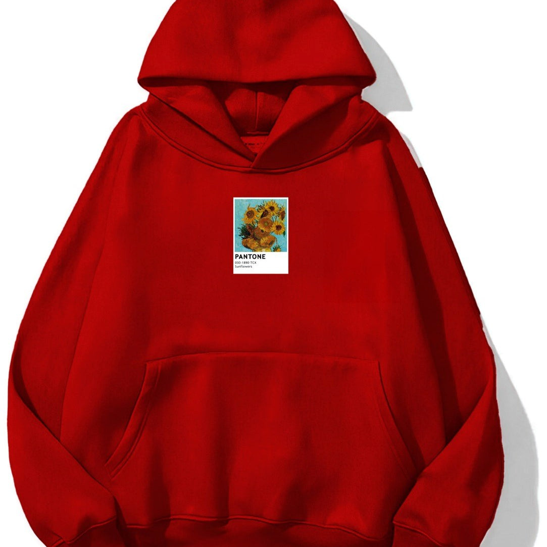 Kapüşonlu İçi Polar Sunflowers Baskılı Kırmızı Unisex Oversize Hoodie Sweatshirt