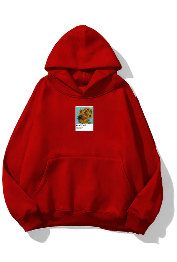 Kapüşonlu İçi Polar Sunflowers Baskılı Kırmızı Unisex Oversize Hoodie Sweatshirt