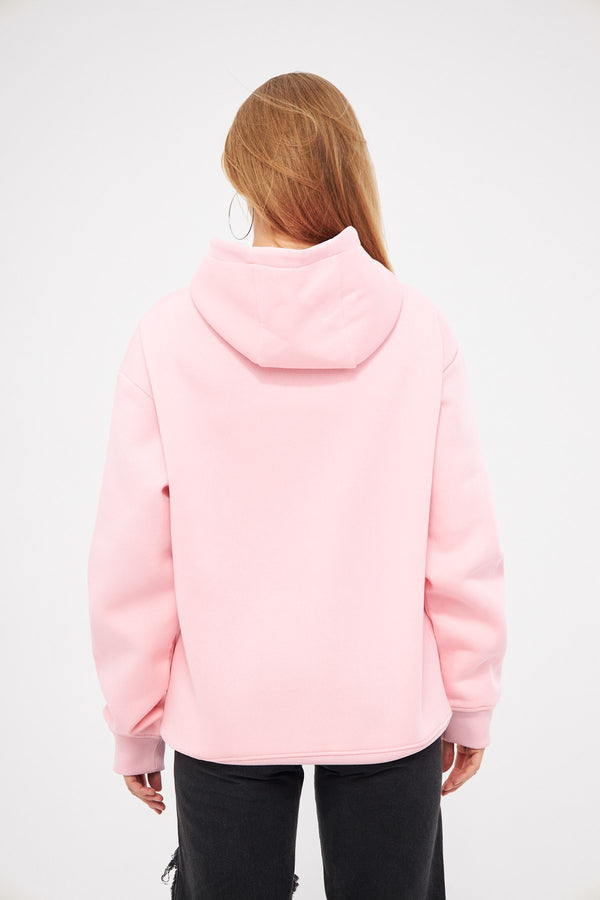 Kapüşonlu İçi Polar Taş Baskılı Pembe Oversize Hoodie Sweatshirt