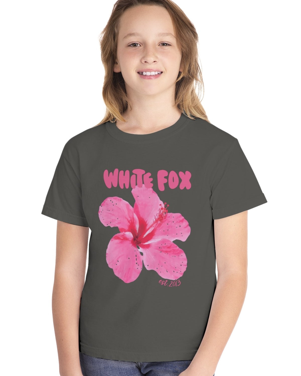 Füme  Renk Hibiskus Çiçekli Kız Çocuk Tişört  %100 Pamuk