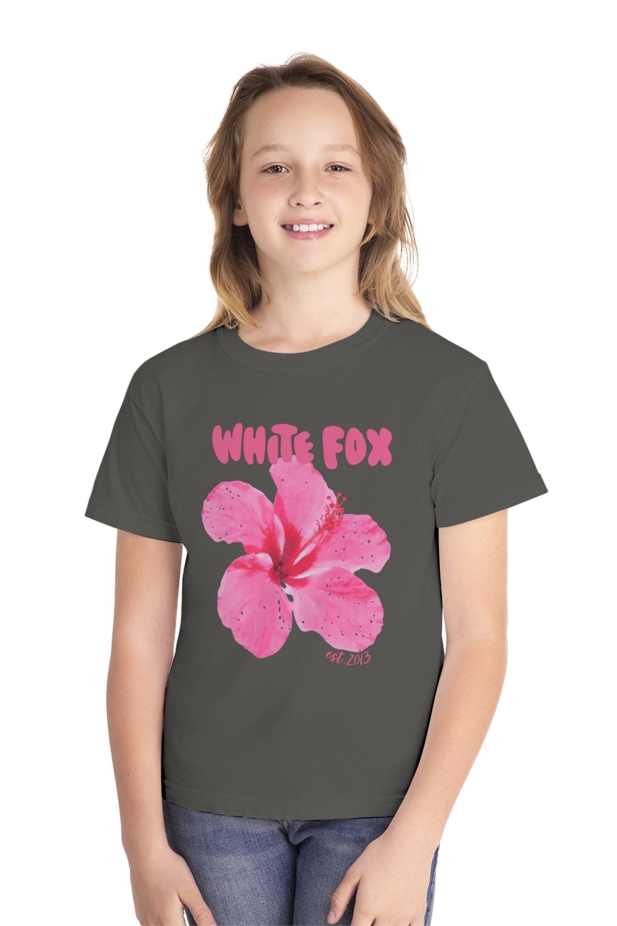 Füme  Renk Hibiskus Çiçekli Kız Çocuk Tişört  %100 Pamuk