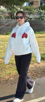 Oversize Kadın Sweatshirt Hoodie Flamingo Çiçeği Baskılı Beyaz – Kapüşonlu, Cepli, 3 İplik Polar