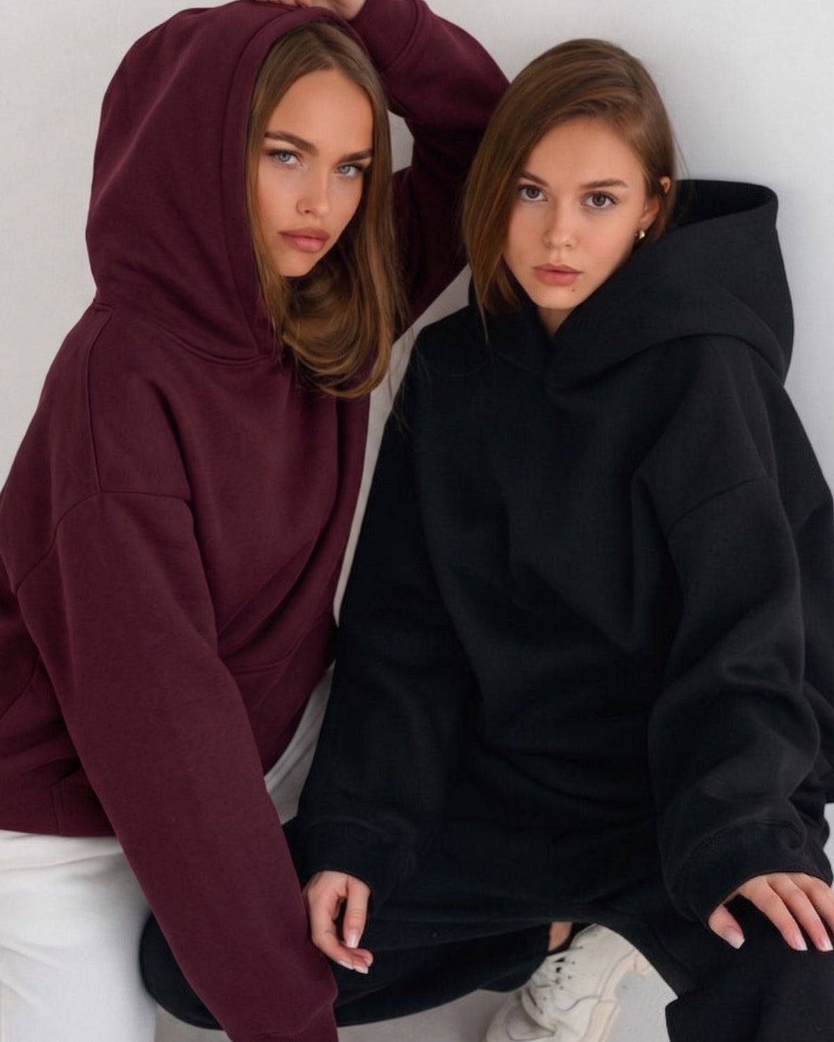 Unisex 2’li Oversize Basic Hoodie Siyah & Bordo – Kapüşonlu, Cepli, 3 İplik Şardonlu Polar