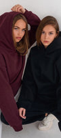 Unisex 2’li Oversize Basic Hoodie Siyah & Bordo – Kapüşonlu, Cepli, 3 İplik Şardonlu Polar