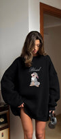 Kadın Oversize Sweatshirt Elbise Blessed Bunny Baskılı Siyah – Bisiklet Yaka, 3 İplik Şardonlu Polar