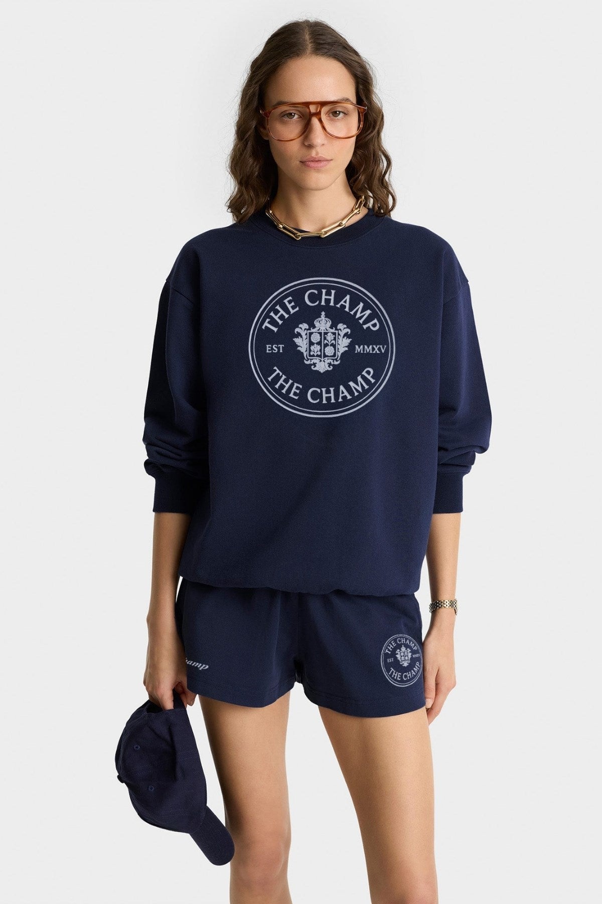 Kadın Lacivert The Champ Armalı İkili Takım Sweatshirt ve Cepli Şort Casual Spor Kombin