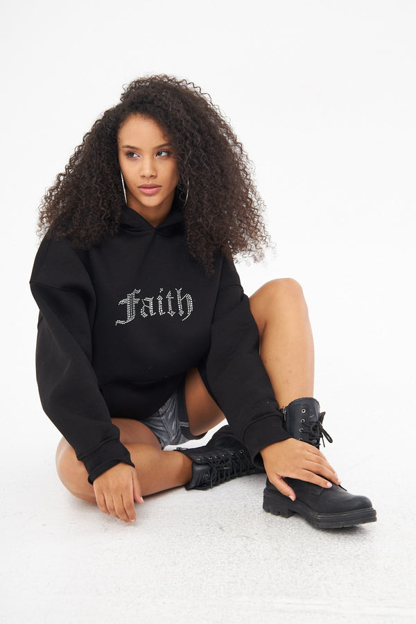 Faith Yazılı Taş Baskılı Kapüşonlu İçi Polar Oversize Siyah Sweatshirt