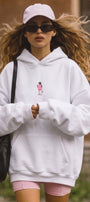 Kadın Oversize Hoodie Pink Kitty Club Baskılı Beyaz - Kapüşonlu, Cepli, 3 İplik Polar