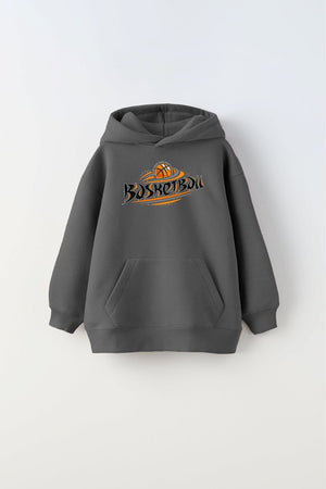 Kapüşonlu İçi Polar Basketbol Baskılı Füme Unisex Çocuk Sweatshirt