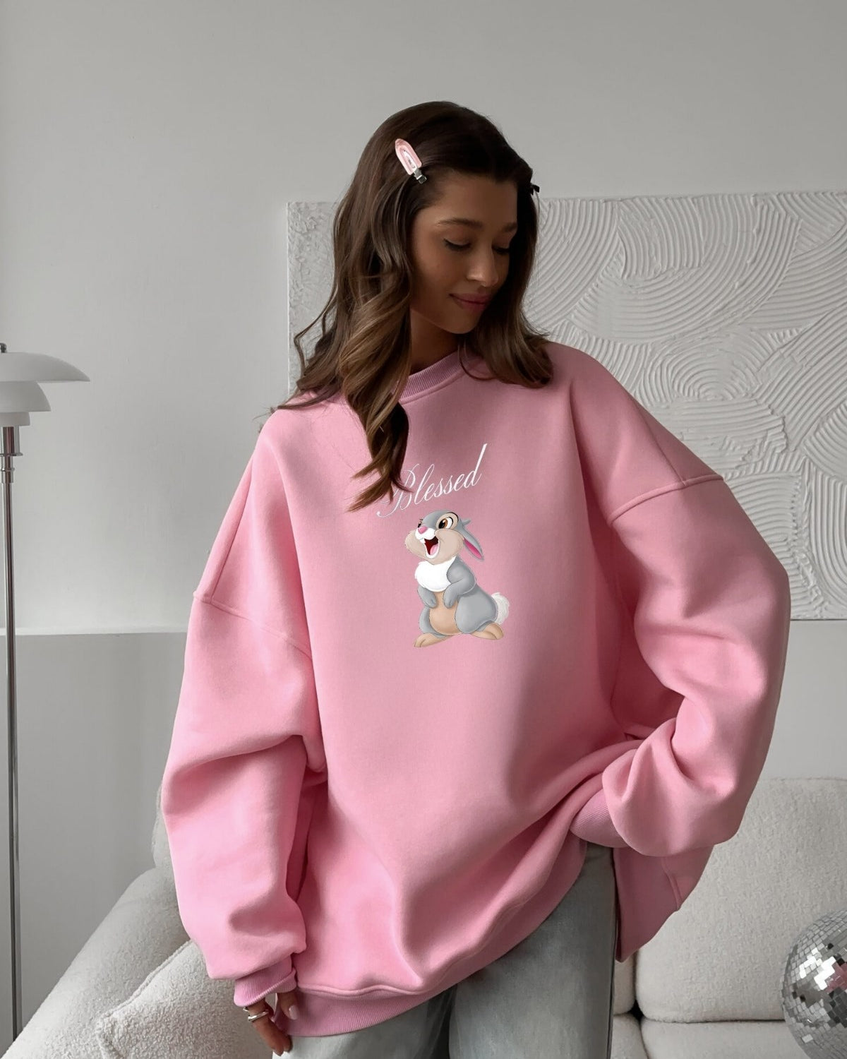 Kadın Oversize Sweatshirt Elbise Blessed Bunny Baskılı Pembe – Bisiklet Yaka, 3 İplik Şardonlu Polar