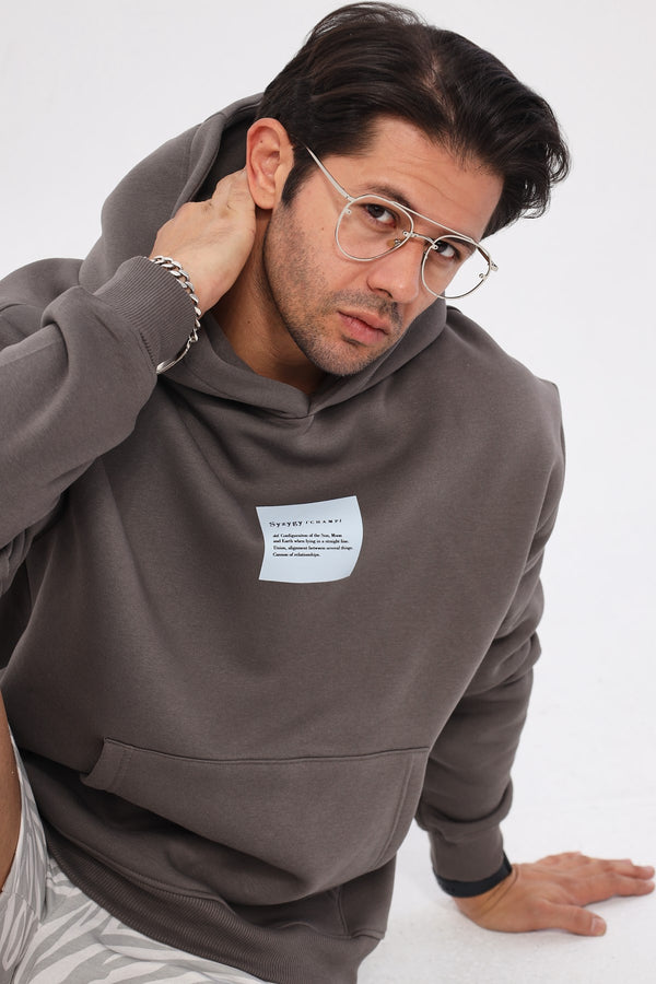 Kapüşonlu İçi Polar Syzygy Yazı Baskılı Füme Oversize Hoodie Sweatshirt