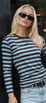 Kadın Çizgili Uzun Kollu Bluz Retro Line Mavi Kahverengi – Bisiklet Yaka, Slim Fit, Kontrast Çizgili