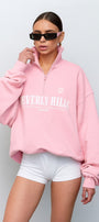Kadın Pembe Beverly Hills Yazılı Yarım Fermuarlı Oversize Sweatshirt – Şık Spor Yarım Balıkçı Yaka