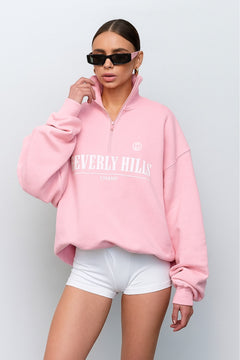 Kadın Pembe Beverly Hills Yazılı Yarım Fermuarlı Oversize Sweatshirt – Şık Spor Yarım Balıkçı Yaka