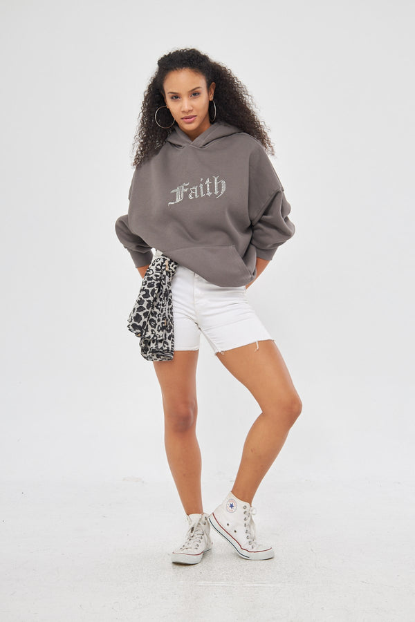 Faith Yazılı Taş Baskılı Kapüşonlu İçi Polar Oversize Füme Sweatshirt