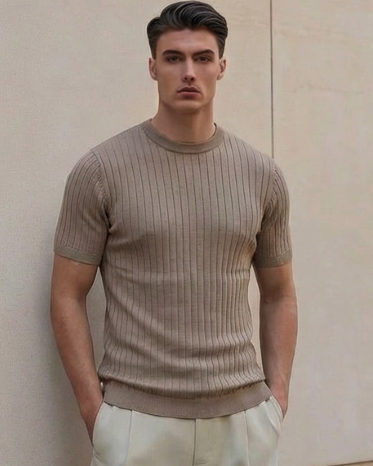 Erkek Dokulu Fitilli Triko Tişört Vizon - Bisiklet Yaka, Fit, Yazlık, Örme