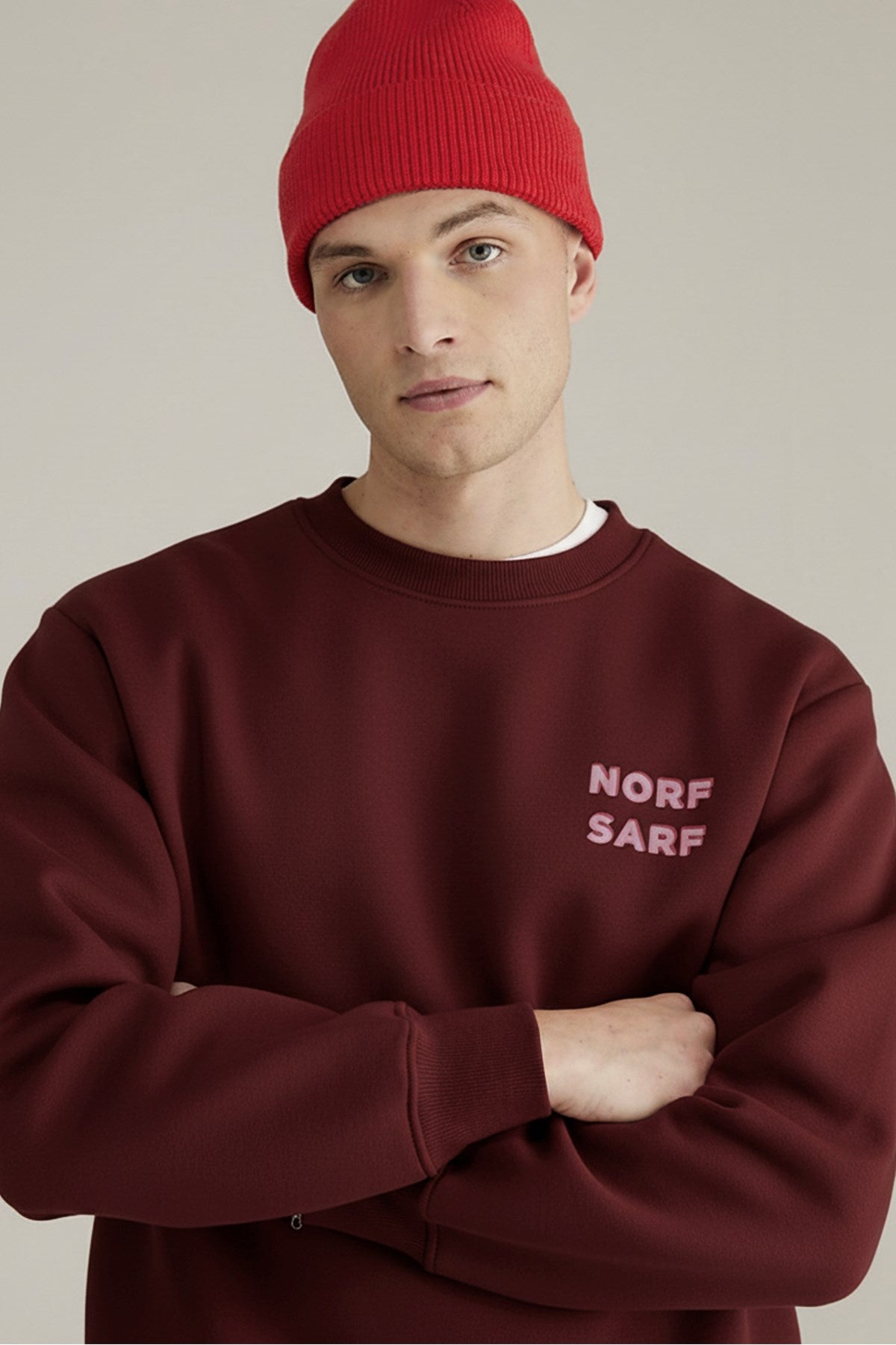 Unisex Oversize Sweatshirt Norf Sarf Harita Baskılı Bordo – Bisiklet Yaka, 3 İplik Şardonlu Polar
