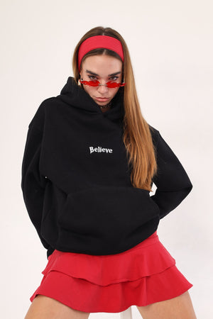 Kapüşonlu İçi Polar Believe İn Karma Baskılı Siyah Unisex Hoodie Sweatshirt