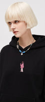 Kadın Oversize Hoodie Pink Kitty Club Baskılı Siyah - Kapüşonlu, Cepli, 3 İplik Polar