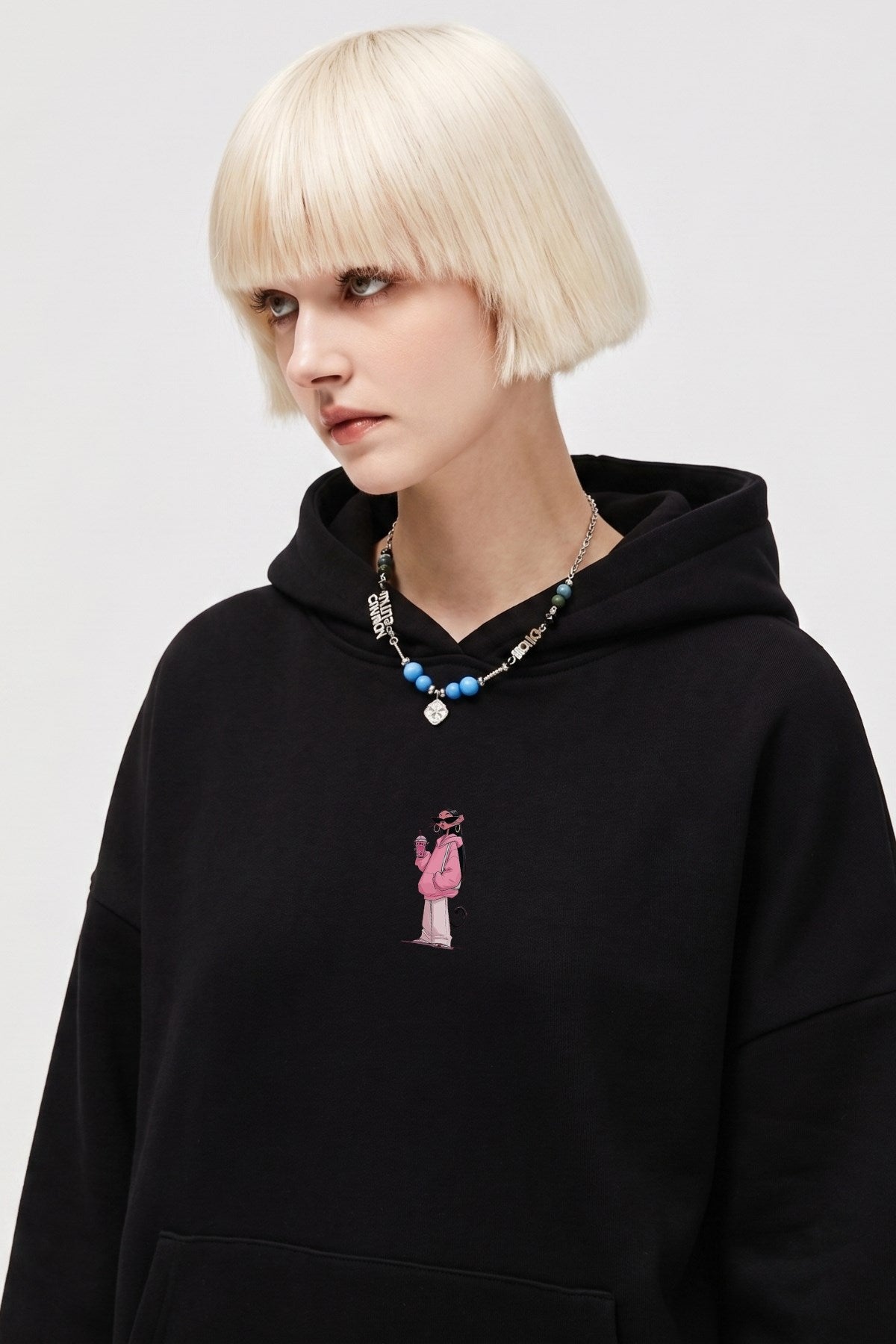 Kadın Oversize Hoodie Pink Kitty Club Baskılı Siyah - Kapüşonlu, Cepli, 3 İplik Polar