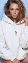 Kadın Oversize Hoodie Pink Kitty Club Baskılı Beyaz - Kapüşonlu, Cepli, 3 İplik Polar