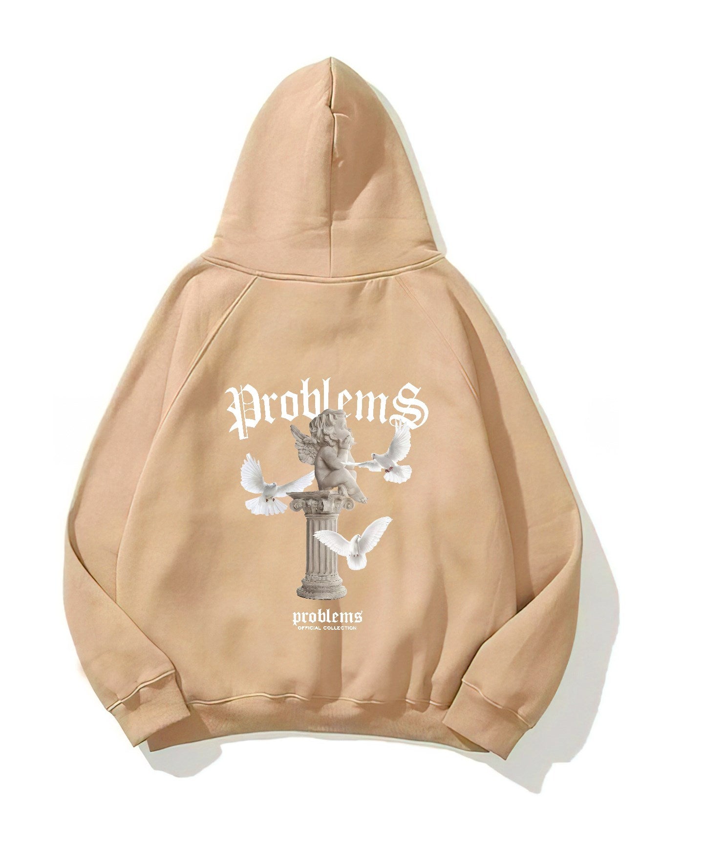 Kapüşonlu İçi Polar Problems Yazılı Heykel Baskılı Bej Unisex Hoodie Sweatshirt