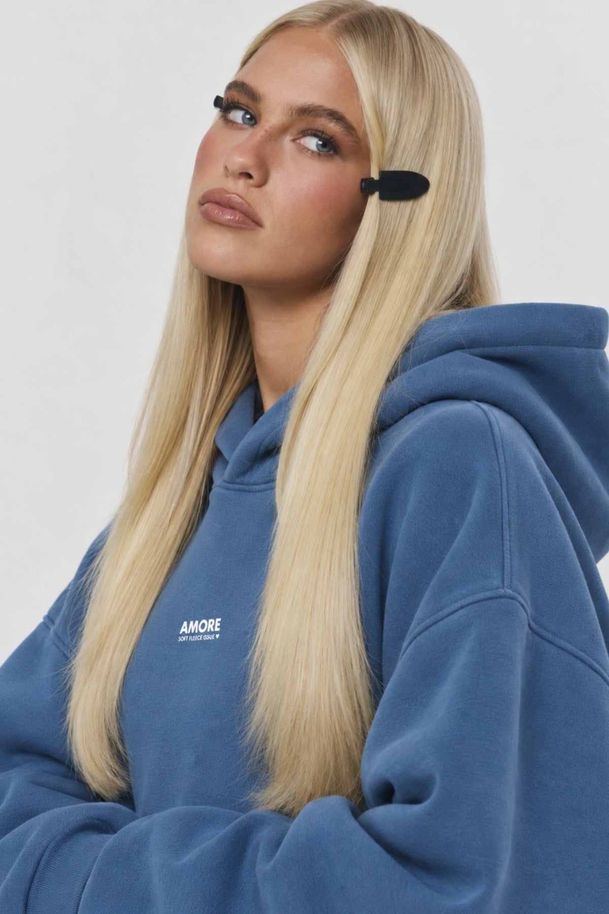 Kadın Oversize Hoodie Amore Baskılı Marine – Kapüşonlu, Kanguru Cepli, 3 İplik Şardonlu Polar