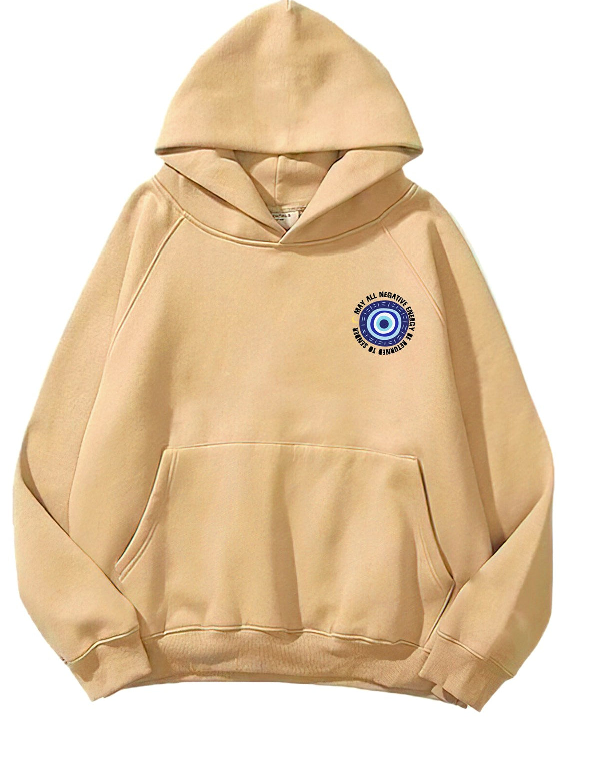 Kapüşonlu İçi Polar Nazar Boncuğu Baskılı Bej Unisex Sweatshirt