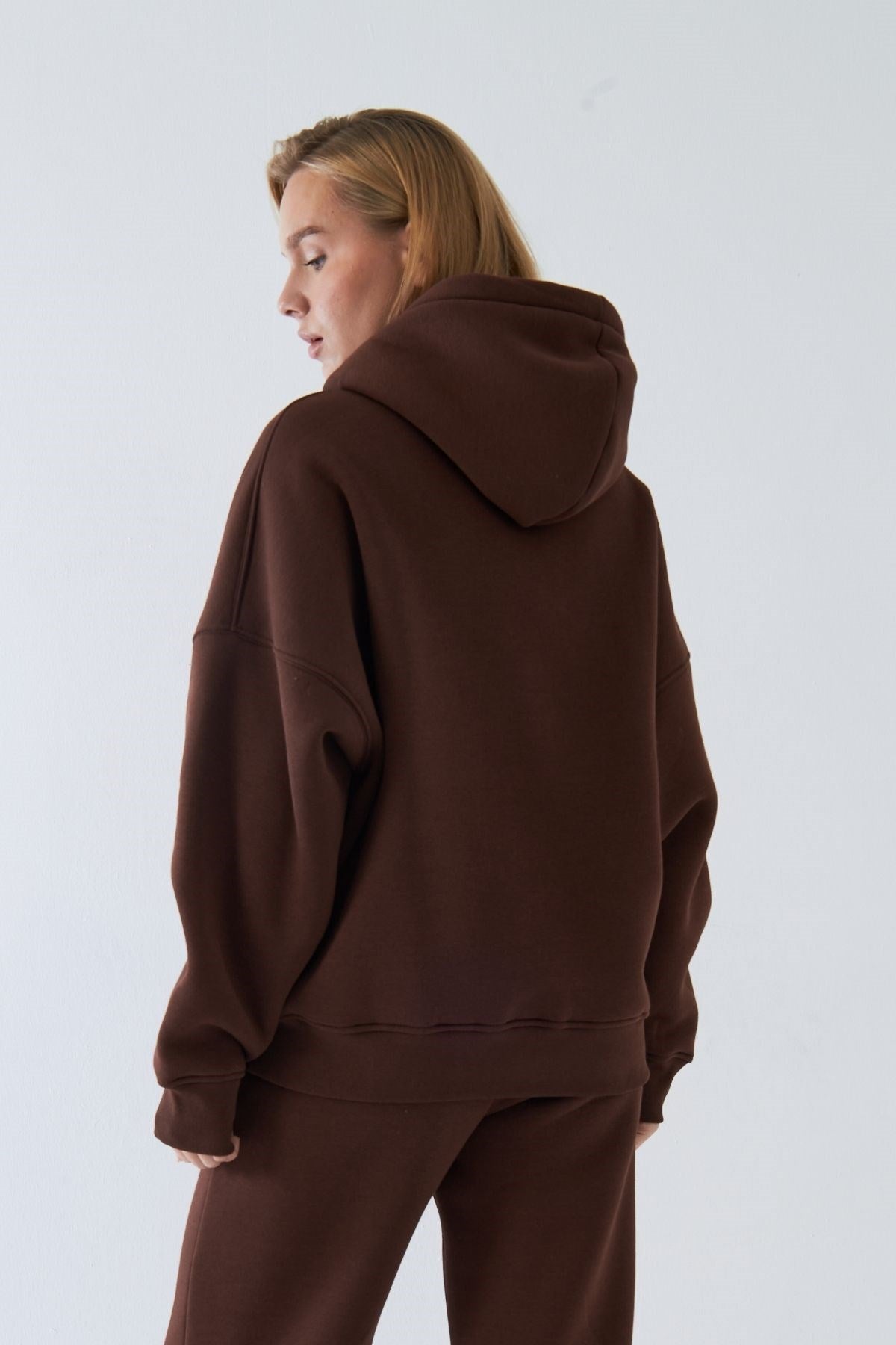 Oversize Unisex Sweatshirt Hoodie Kahverengi – Kapüşonlu, 3 İplik Şardonlu Polar, Kanguru Cepli, Basic