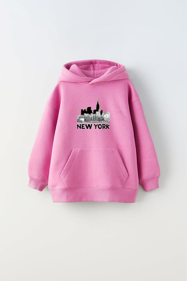 Kapüşonlu İçi Polar New York Yazı Baskılı Pembe Unisex Çocuk Hoodie Sweatshirt