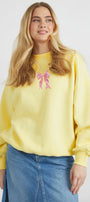 Kadın Oversize Sweatshirt Pembe Kurdele Baskılı Sarı – Bisiklet Yaka, 3 İplik Şardonlu Polar