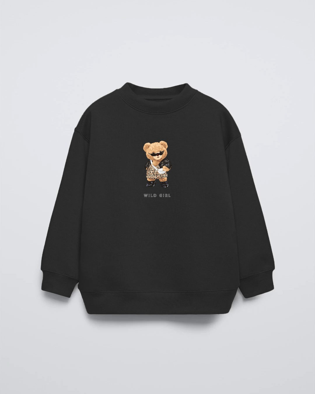Siyah Bisiklet Yaka Leopar Teddy Baskılı Oversize Çocuk Sweatshirt