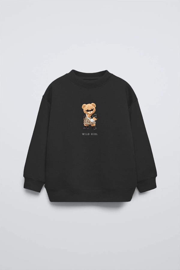 Siyah Bisiklet Yaka Leopar Teddy Baskılı Oversize Çocuk Sweatshirt