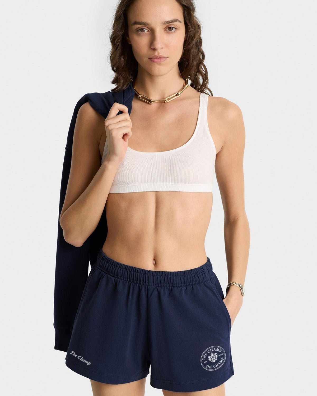 Unisex Lacivert Spor Penye Şort – The Champ Logolu, Cepli