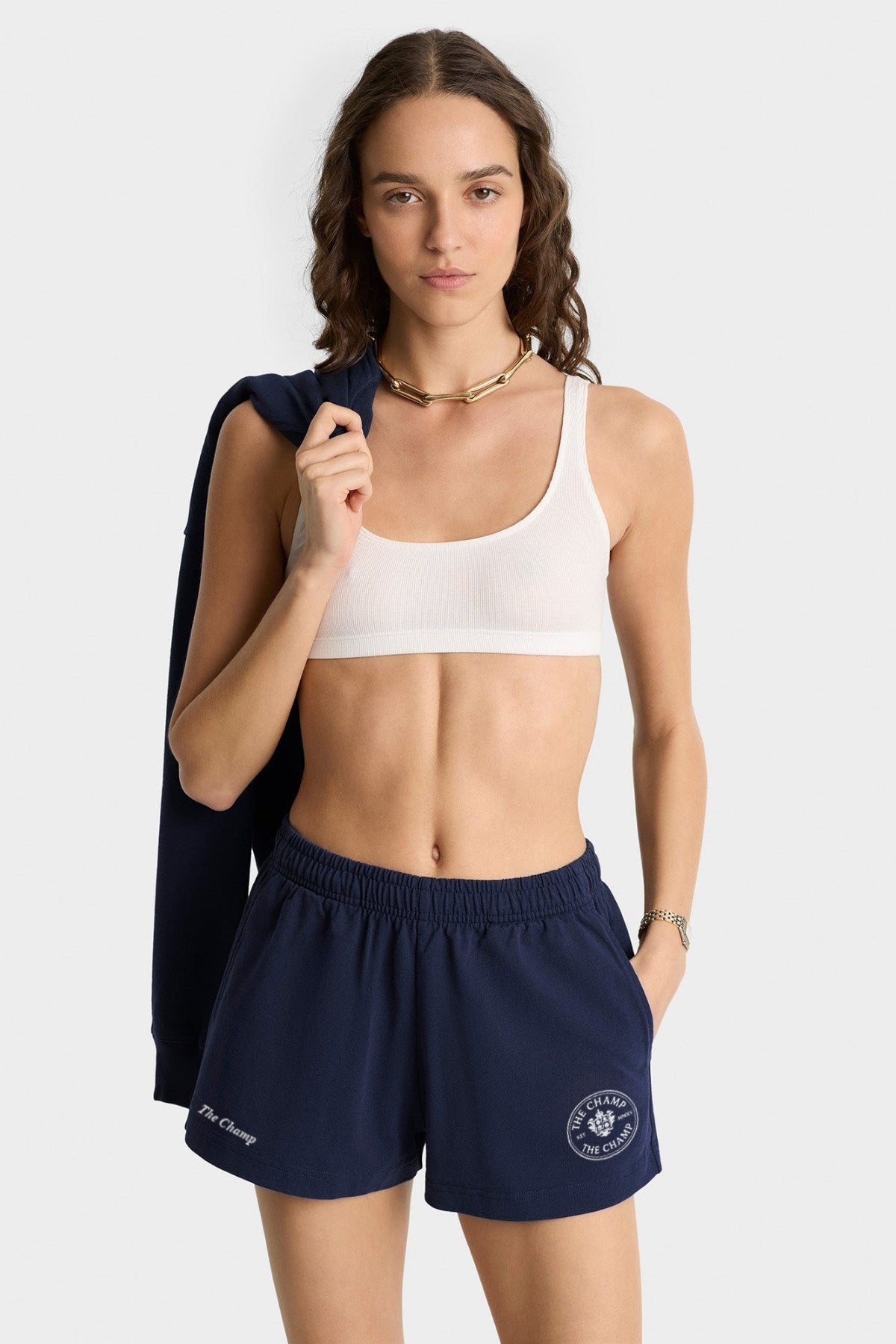 Unisex Lacivert Spor Penye Şort – The Champ Logolu, Cepli