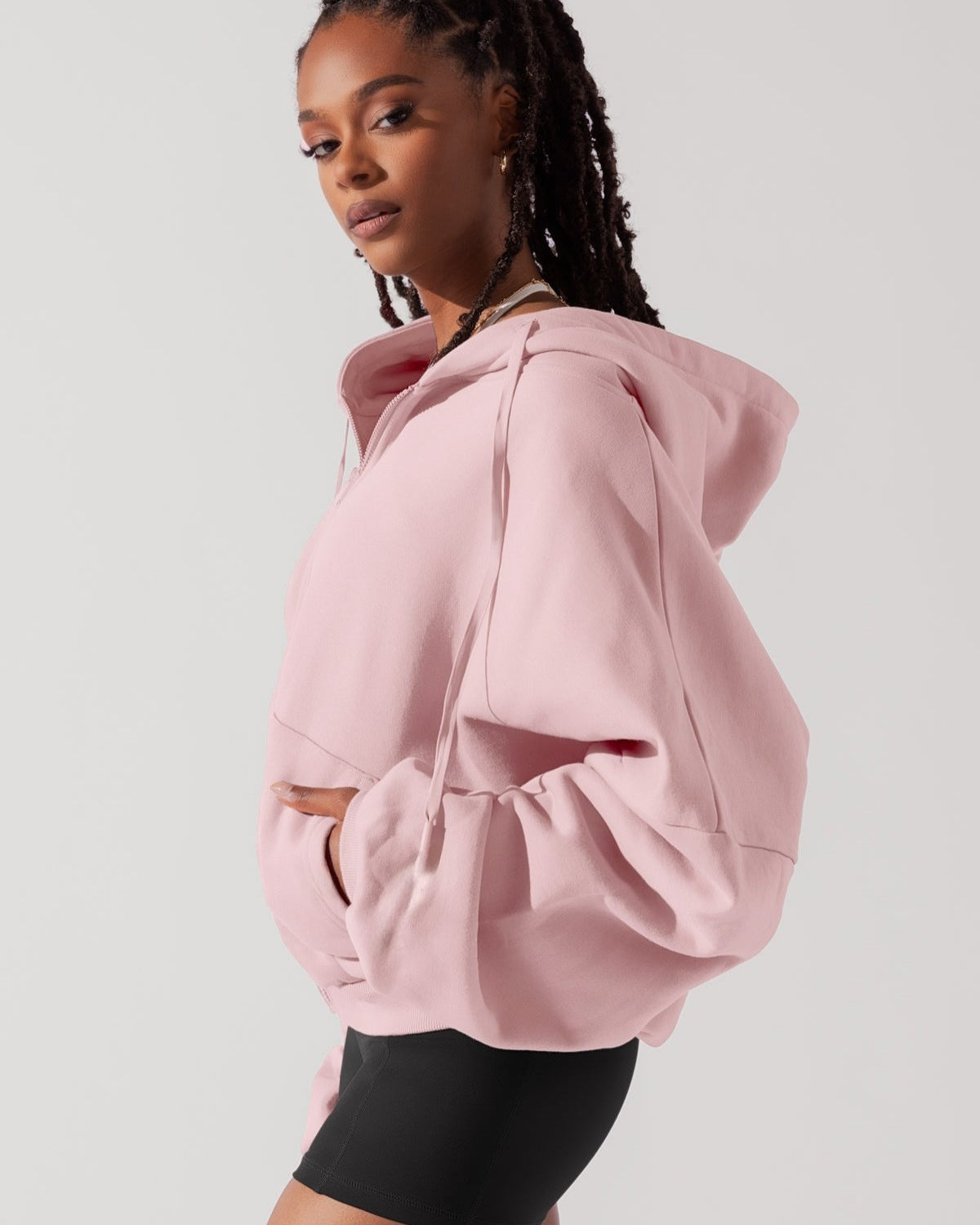 Kadın Pembe Kapüşonlu Sweatshirt Fermuarlı 3 İplik Şardonlu Oversize Kesim