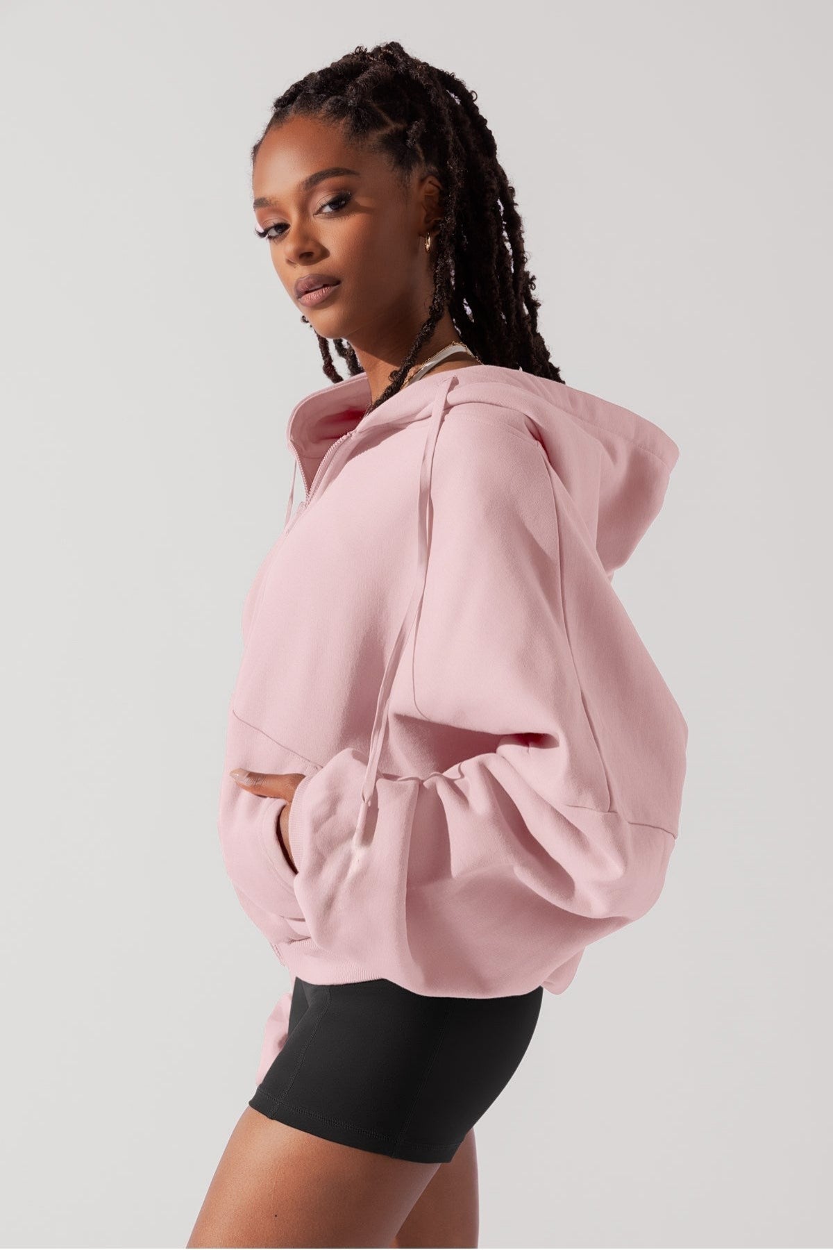 Kadın Pembe Kapüşonlu Sweatshirt Fermuarlı 3 İplik Şardonlu Oversize Kesim