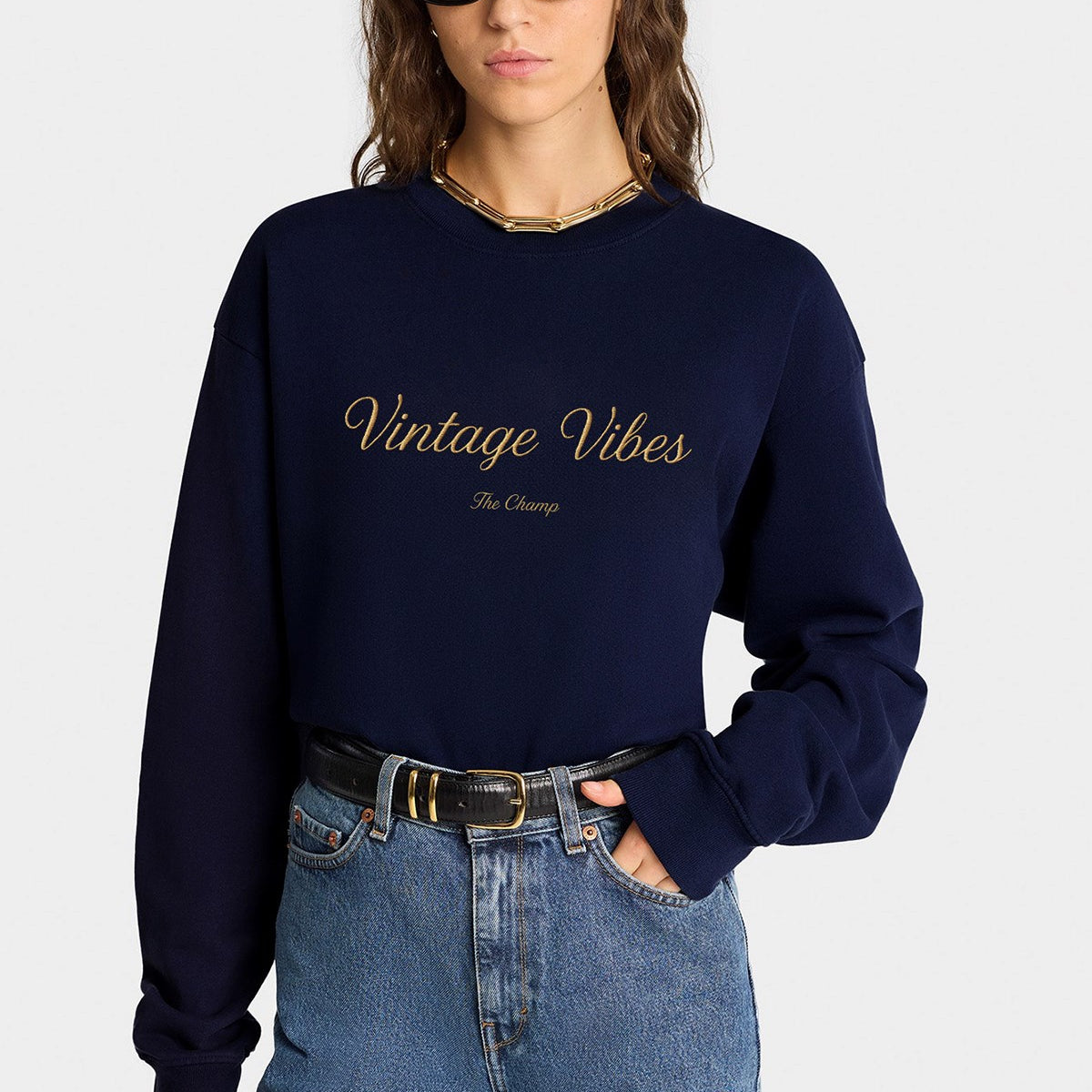Kadın Oversize Sweatshirt Vintage Vibes Baskılı Lacivert – Bisiklet Yaka, 3 İplik Şardonlu Polar