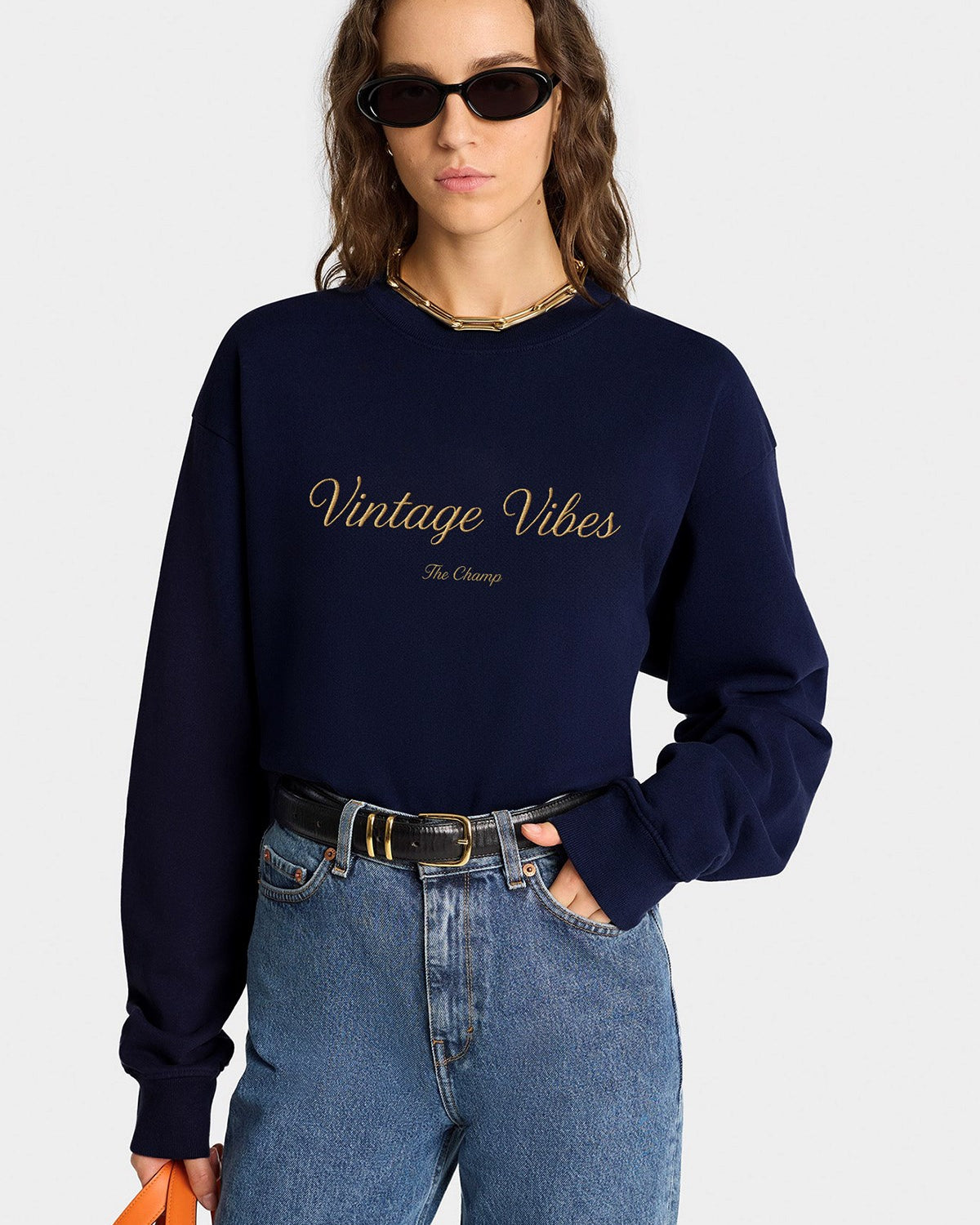 Kadın Oversize Sweatshirt Vintage Vibes Baskılı Lacivert – Bisiklet Yaka, 3 İplik Şardonlu Polar
