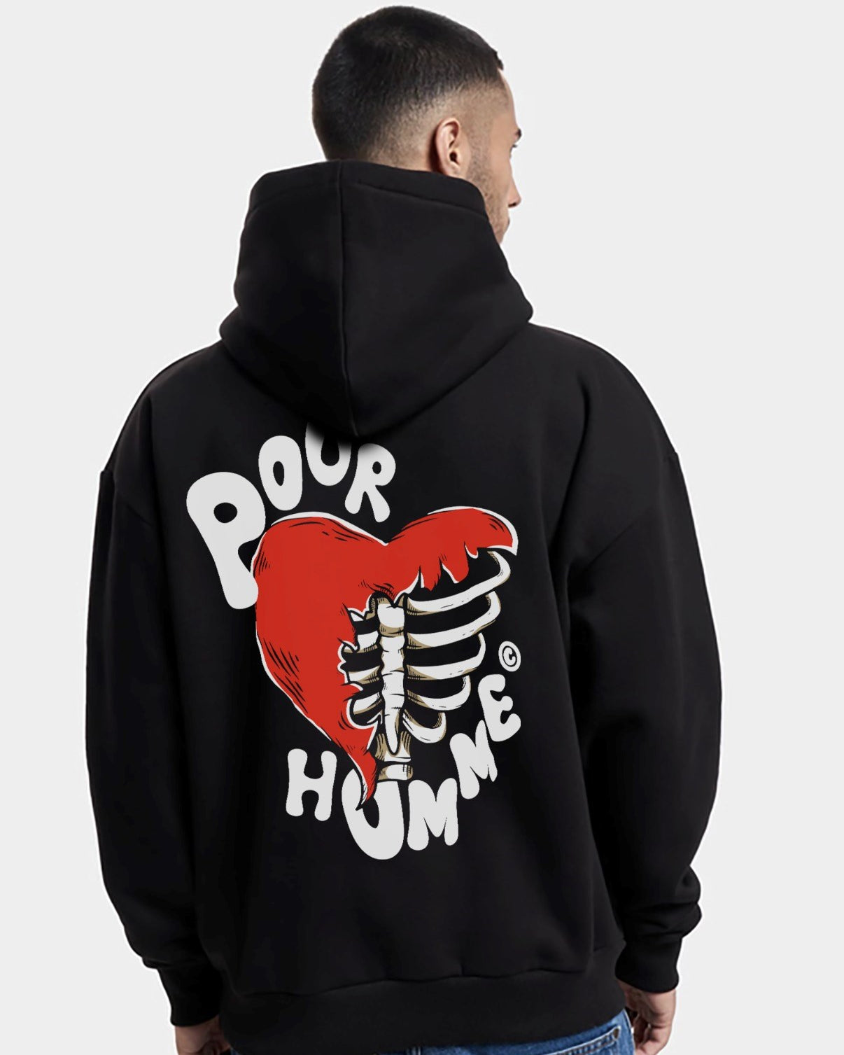 Kapüşonlu İçi Polar Kalp İskelet Baskılı Siyah Unisex Hoodie Sweatshirt